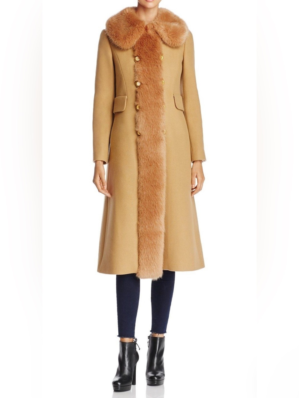 Tory Burch Celeste Coat Camel Faux Fur Collar Double Breasted Size 6